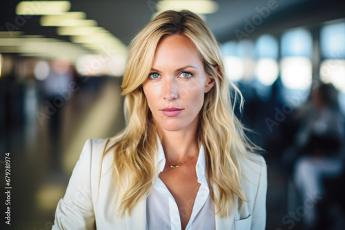 Business woman smiling in an airport.