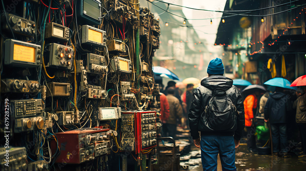 Naklejka premium Cyberpunk markets selling vintage, analog memories