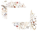 Border with watercolor frame with autumn brown wild flowers and leaves, wedding illustration