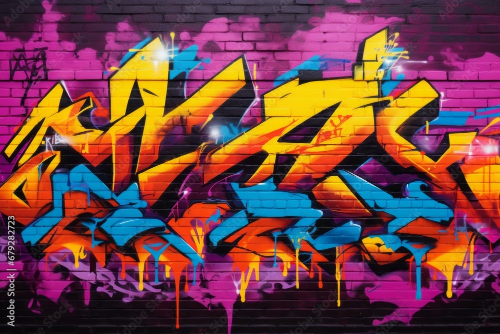 Naklejka premium Graffiti background on a brick wall, black yellow purple