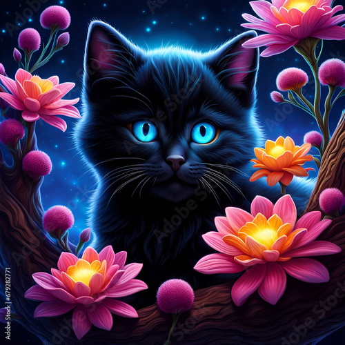 Illustration chaton et fleurs