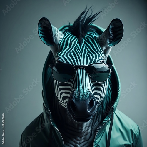 Zebra Swagger in a Trendy Green Hoodie and Sunglasses Strikes a Pose Against a Plane Green Canvas. Generative ai.