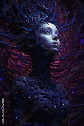 woman head hair body wires central black light dryad emanating blue princess mycologist ultraviolet anthropomorphic humanoid