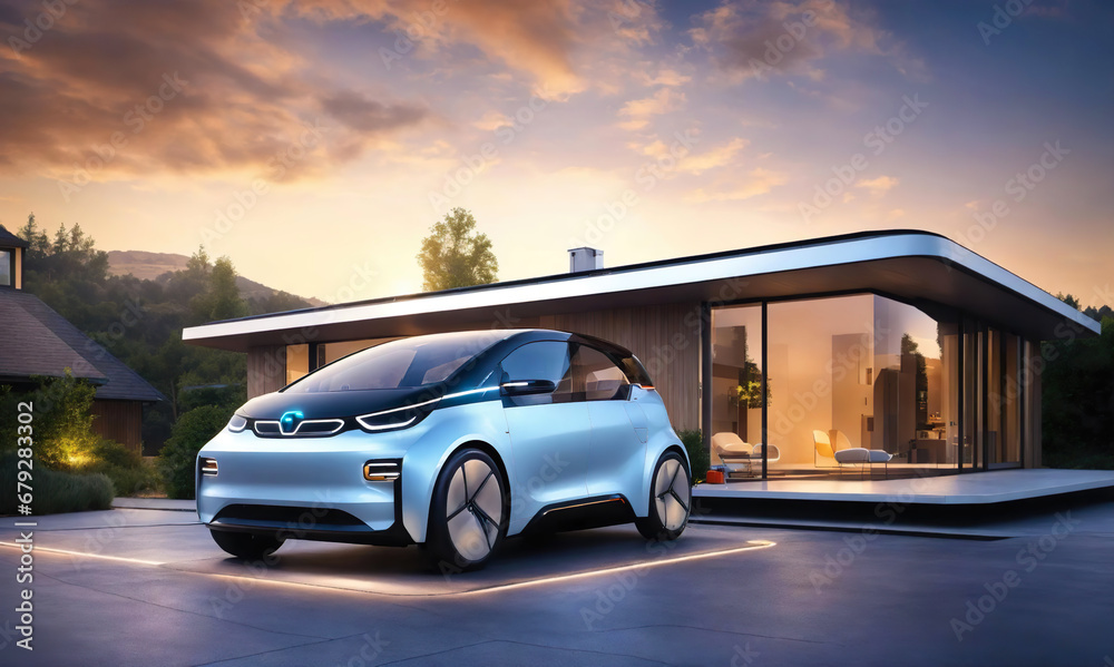 Electric futuristic car parked with charging station in a modern ecological eco house with solar green power panels, glass home technology. Renewable energy concept. future technologie. Generative ai