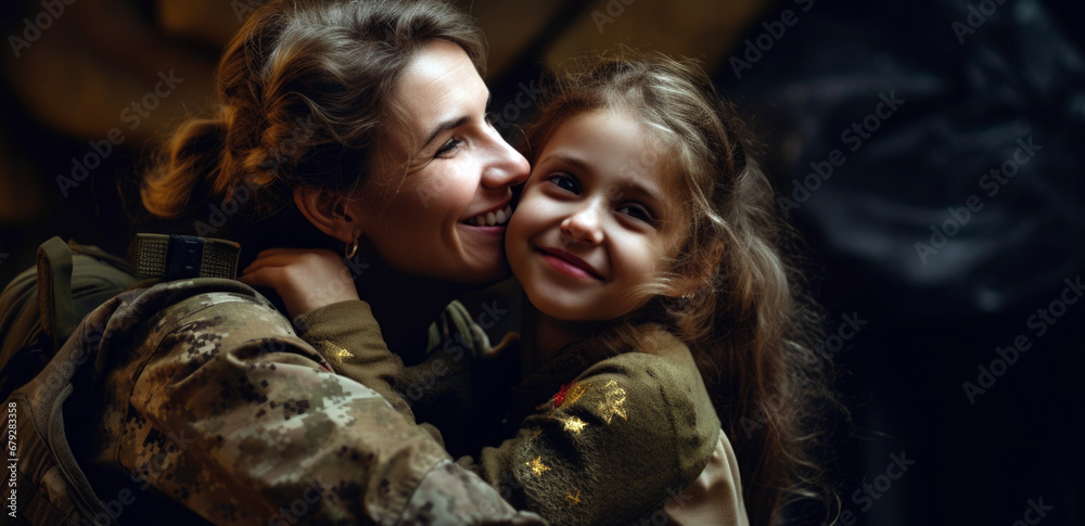 A Heartwarming Moment Captures the Affectionate Reunion Between a Military Mother and Her Daughter. A military Mom with her daughter hugging each other - obrazy, fototapety, plakaty 