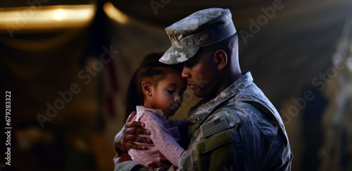 A Heartwarming Moment Captures the Affectionate Reunion Between a Military Father and His Daughter. A military father with his daughter hugging each other