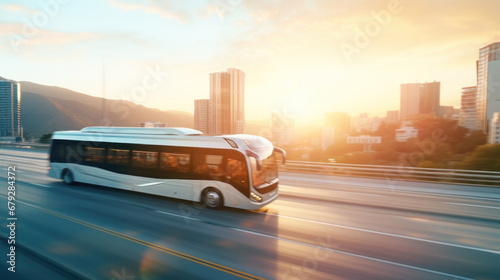 Speeding bus in urban commute at sunrise, city skyline in the backdrop