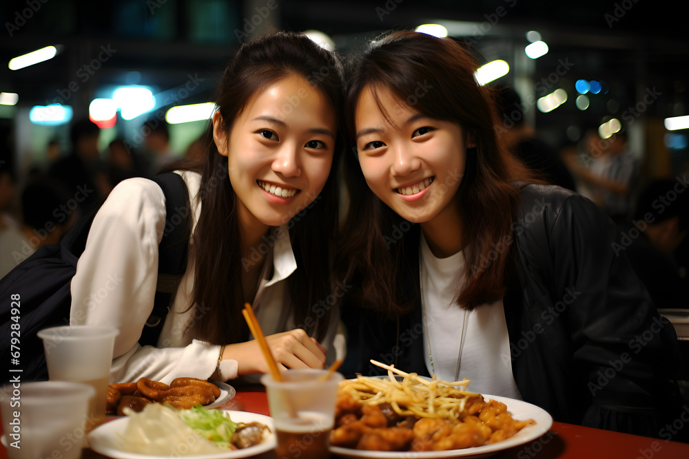 two Chinese students dinner with Chinese food, school outfit, candid two Chinese students dinner with Chinese food, school outfit, candid