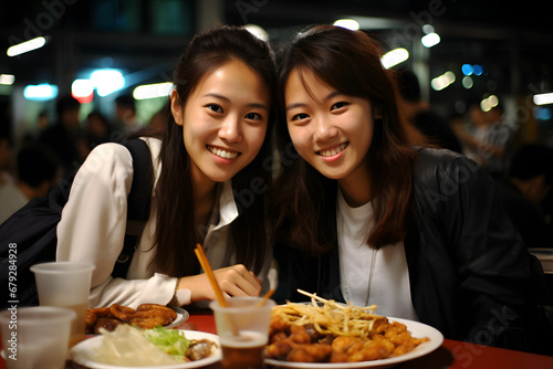 two Chinese students dinner with Chinese food  school outfit  candid