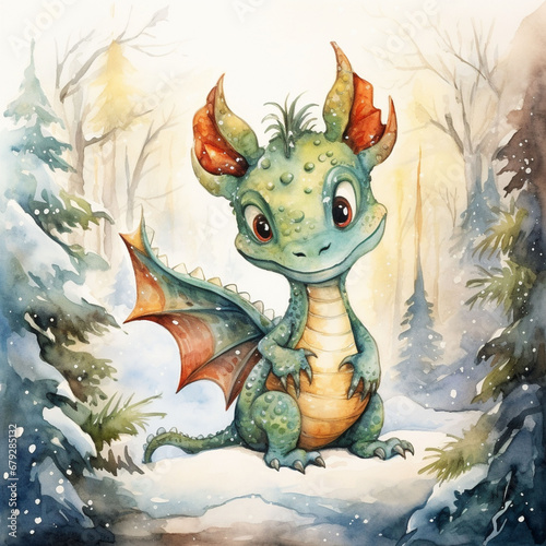 Dragon  winter forest  tree  cheerful  funny  symbol  new year