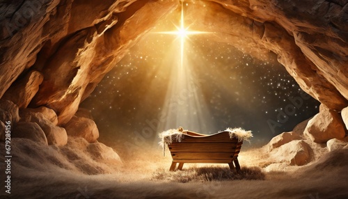 Foto Inside the cave with empty wooden manger. Birth of Jesus Christ.
