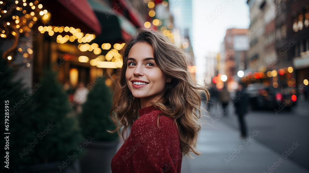 Beautiful woman with a smile walking in an evening street adorned with sparkling fairy lights