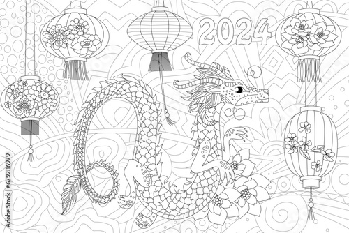 coloring book page for adults and children. dragon with flowers