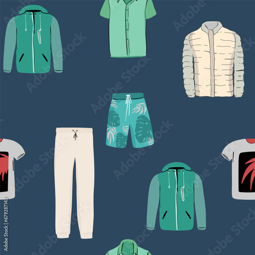 Seamless pattern for print on fabric. Set home sweet clothes. In one color. Clothing icon for sleep, sports and home. T-shirt, sleep mask, clothespin, hanger, socks, underpants, shorts. Blue.