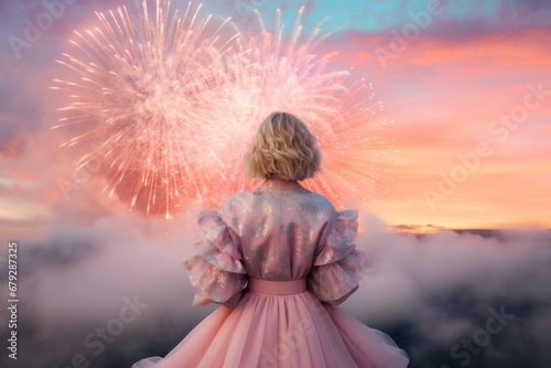 Woman in an ornate dress gazing at a dazzling fireworks display above the clouds during twilight