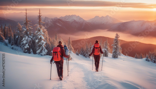 Romantic Winter Adventure: Couple in Snowy Pine Mountains at Sunset