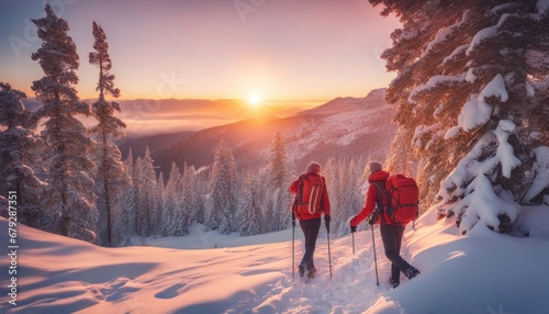 Romantic Winter Adventure: Couple in Snowy Pine Mountains at Sunset