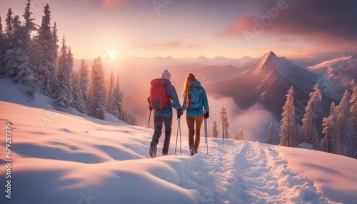 Romantic Winter Adventure: Couple in Snowy Pine Mountains at Sunset