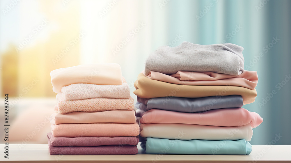 Stack of freshly folded colored knitwear on a light background. Stack of freshly folded colored knitwear on a light background.