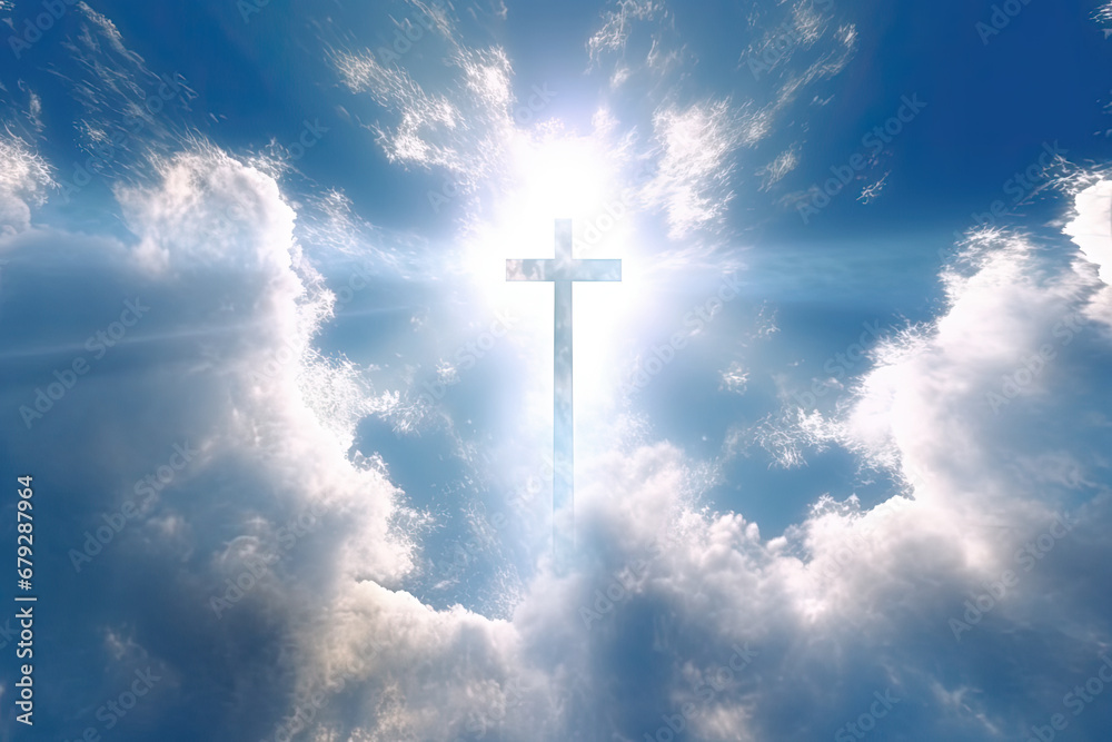 Religious background with the cross of God with light rays coming from the clouds in blue sky Religious background with the cross of God with light rays coming from the clouds in blue sky