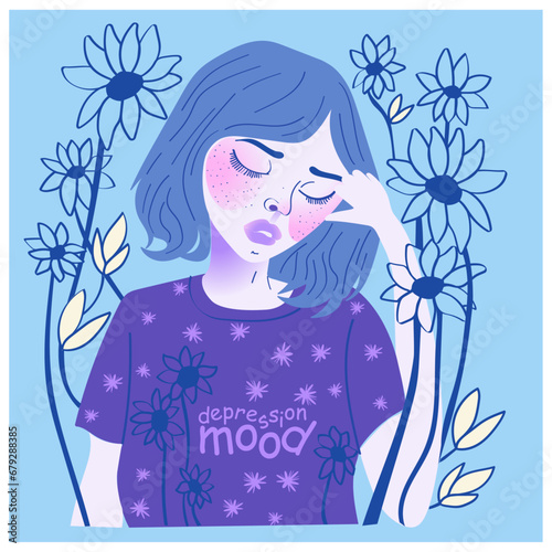 Vector illustration of a beautiful girl with flowers in her hair on a blue background