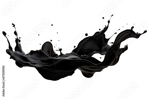 Abstract black ink liquid splashing, drops, brush strokes, stain grunge isolated on transparent png background, Japanese style of smear splatter acrylic paint. photo