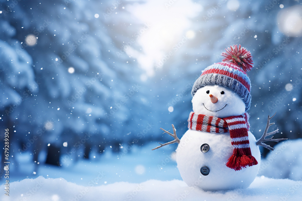 Fototapeta premium Snowman in a hat and scarf in the snow. Generative Ai