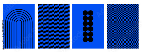 Y2k style prints for cover navy blue and black. Template for Rave posters. Checker board print. Trendy stickers. Retro elements. Flat design. zine aesthetic. Vectored shapes, retro vibes. 