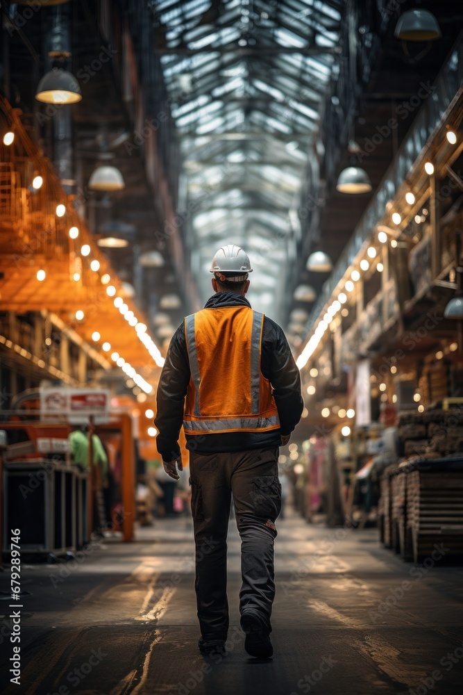worker in factory seen on backside orange safety vest and hardhat.