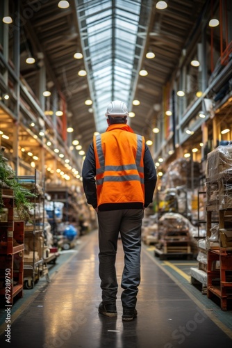 worker in factory seen on backside orange safety vest and hardhat.