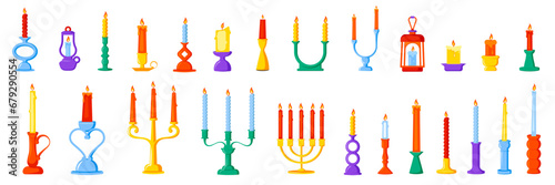 Retro candles in candlesticks set. Candle holders