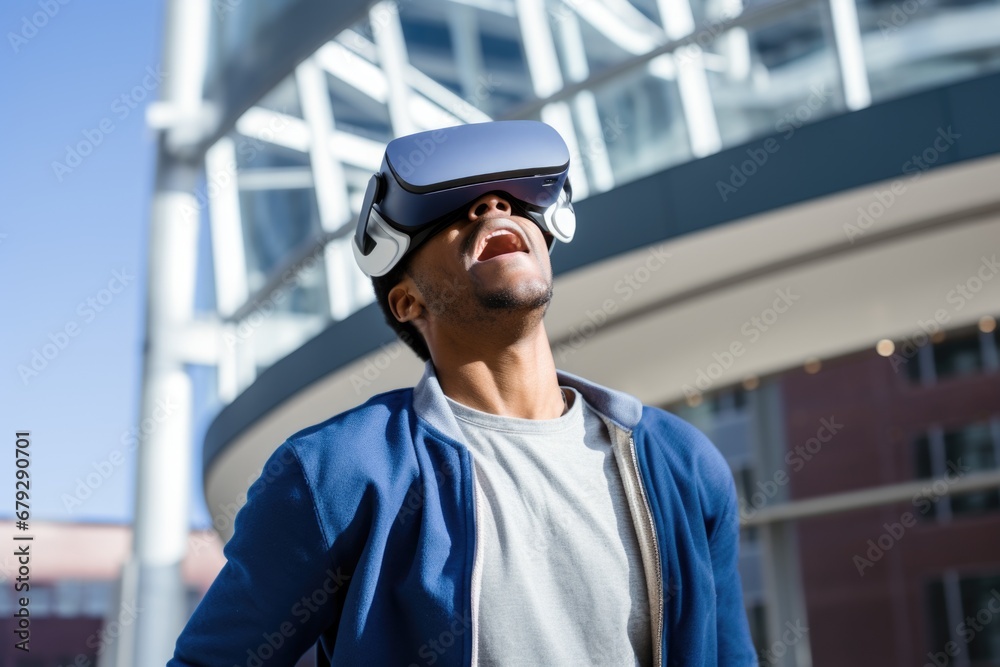 Man use Virtual Reality (VR) devices with amazed and happy expressions Man use Virtual Reality (VR) devices with amazed and happy expressions