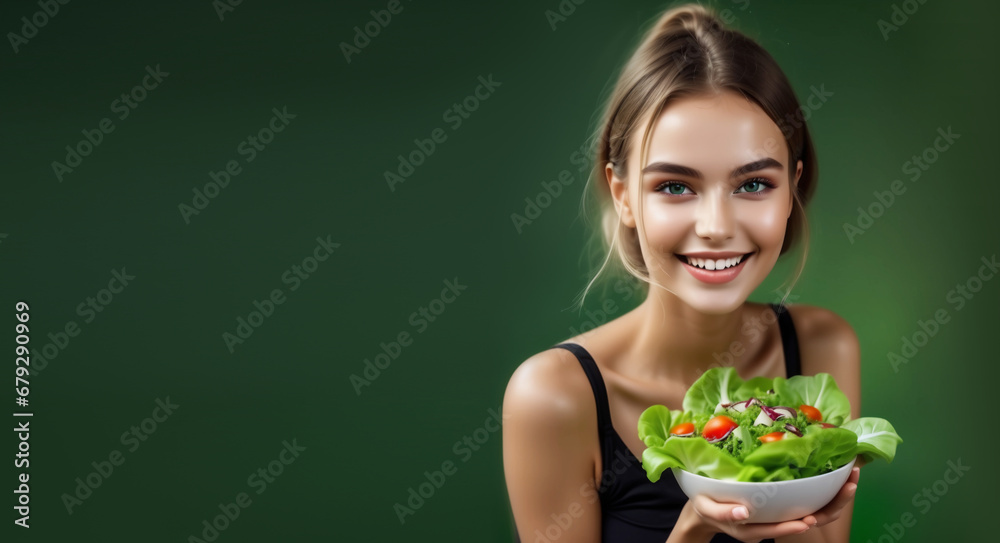 Portrait of a happy playful girl eating fresh salad from a bowl. Generative AI.