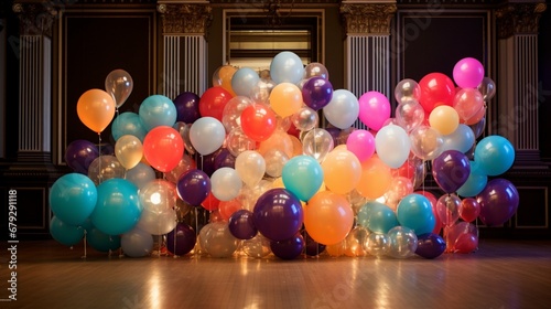 A mesmerizing balloon arrangement featuring a variety of colors and shapes, beautifully illuminated by soft, natural light.