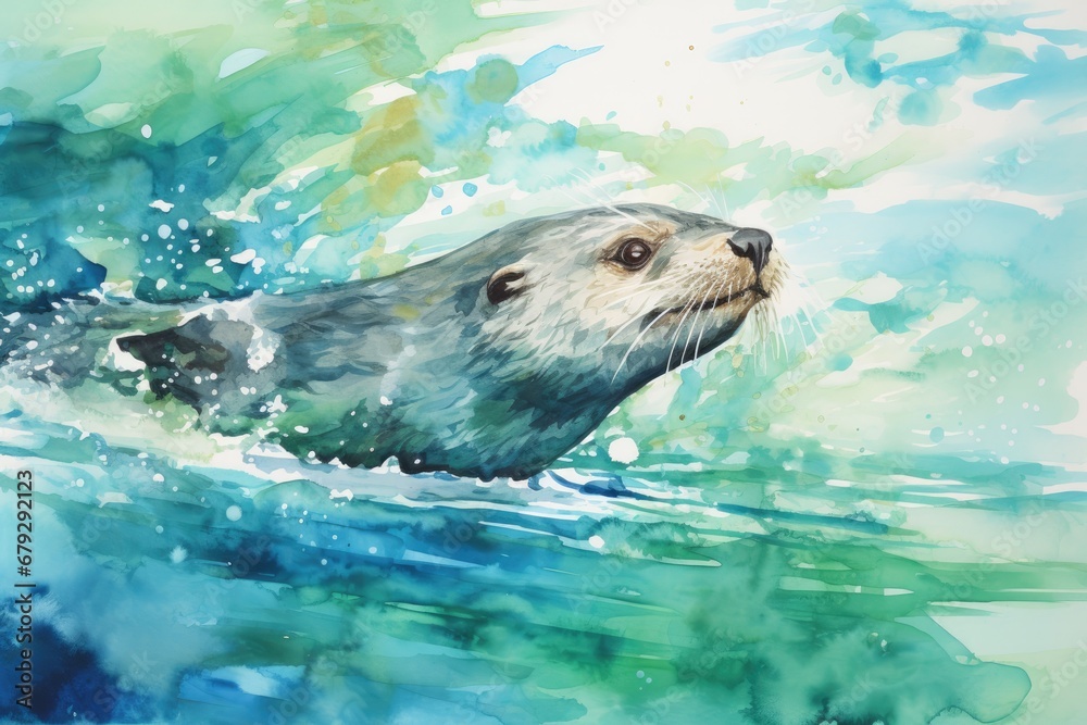 Fototapeta premium A playful otter floating on its back, with a watercolor background featuring shades of blue and green to create the illusion of water