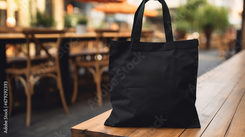 Generative AI, Realistic black tote canvas fabric bag set-up in at cafe, coffee shop interior, mock up blank.	 photo