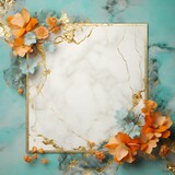 Luxury gold green orange square marble background with golden frame and orange flowers