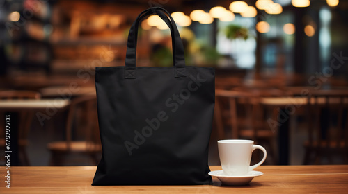 Generative AI, Realistic black tote canvas fabric bag set-up in at cafe, coffee shop interior, mock up blank. 