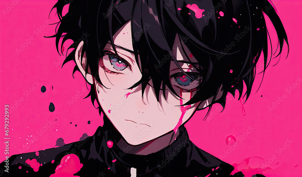 Naklejka premium Anime Man With Black Hair On Pink Background