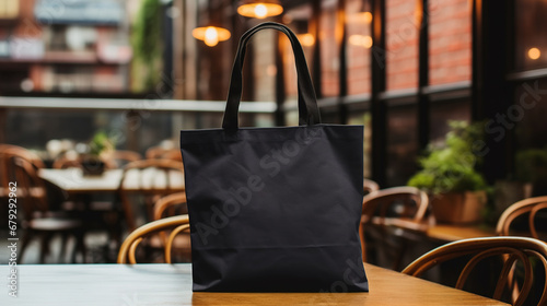 Generative AI, Realistic black tote canvas fabric bag set-up in at cafe, coffee shop interior, mock up blank.	