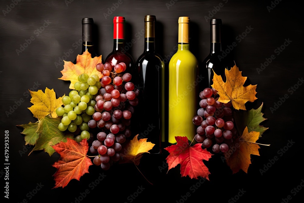 wine bottles, grapes and autumn leaves on a black background Generative AI