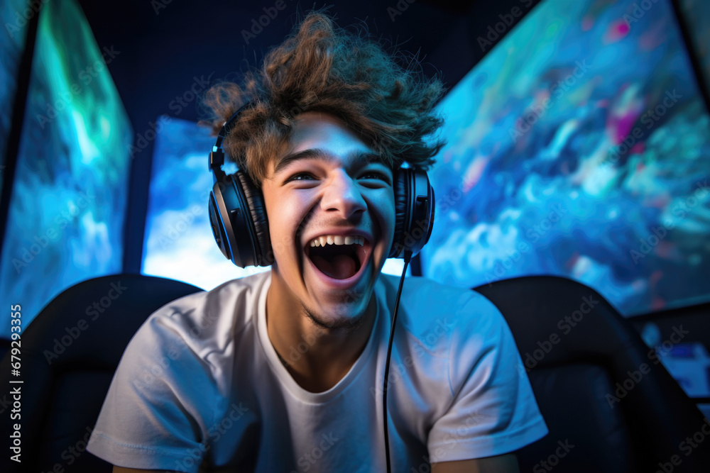 Professional male gamer wearing gaming headset screaming happily