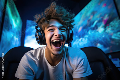 Professional male gamer wearing gaming headset screaming happily © Instacraft.Studio