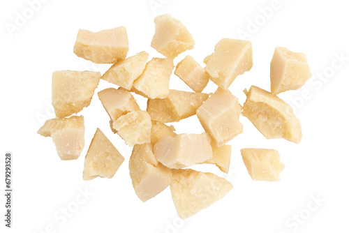 pieces of delicious parmesan cheese isolated on white background with clipping path, package design element, italian food, top view, concept of healthy food photo