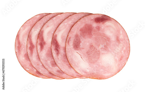 round pieces of ham isolated on white background with clipping path, five pieces of pork ham cut into slices laid out to create layout, italian food