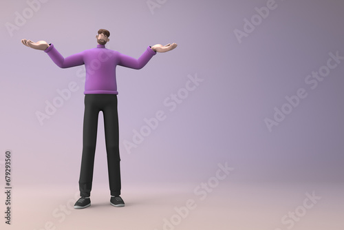 Man in casual clothes making gestures while talking. 3D rendering of a cartoon character