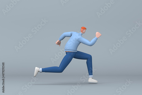 Man in casual clothes making gestures while pushing or running. 3D rendering of a cartoon character