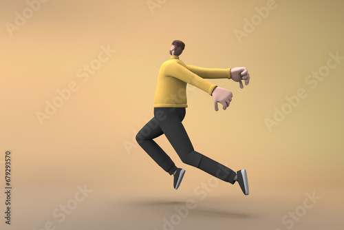 Man in casual clothes making gestures while pushing or running. 3D rendering of a cartoon character