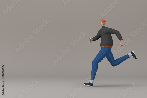 Man in casual clothes making gestures while pushing or running. 3D rendering of a cartoon character