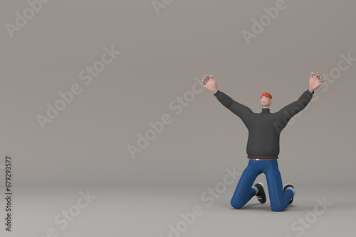 Man in casual clothes making gestures while sSit with your hands raised. 3D rendering of a cartoon character © Ake